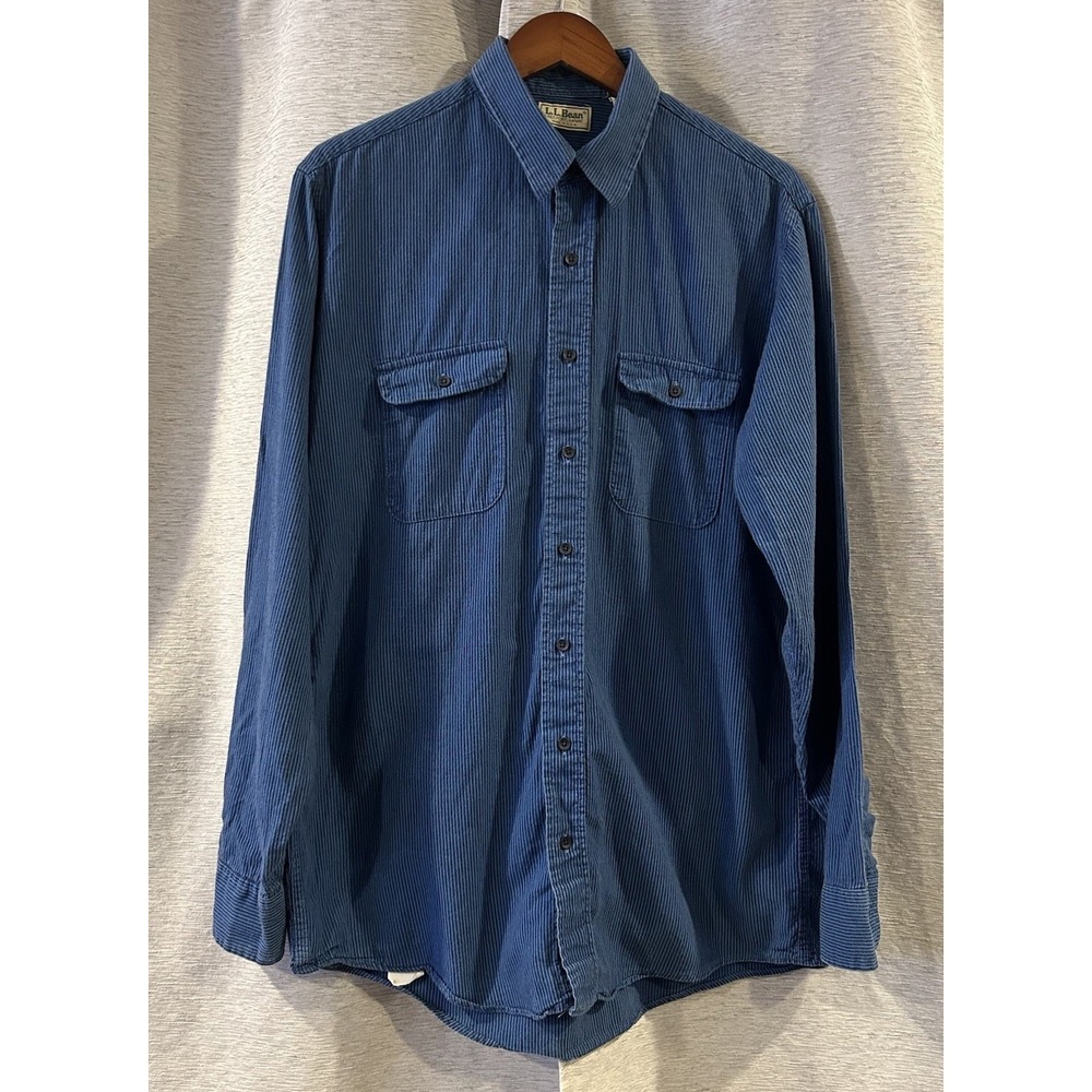 Vintage LL Bean Mens Tall L Blue Work Shirt Long Sleeve Button Up Freeport Maine